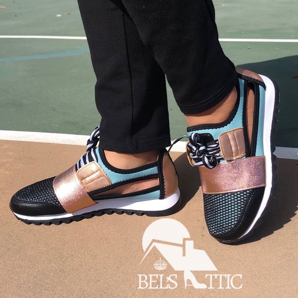 Shoes - Teal and Champagne Sexy Side Cutout Sneaker Kicks